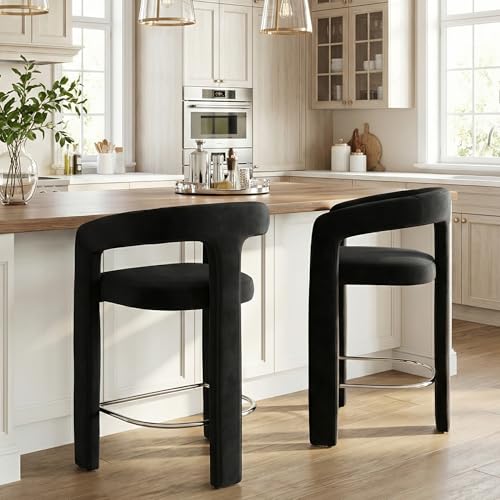 Image of HNY Modern Barrel Bar Stools Set of 2, 26 Inch Upholstered Velvet Counter Height Barstools with Open Back and Armrests, for Kitchen Island, Home Bar, Dining Room, No Assembly, Black