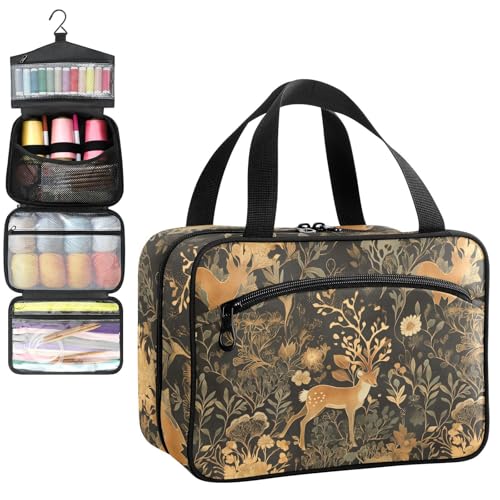 YNNALE Sewing Supply Organizer Bag, Gold and Green Forest Deer Portable Sewing Bags with Pockets&Hanger, Sewing Storage Box Case for Sew Supplies/Kit/Tools/Accessories (BAG ONLY)