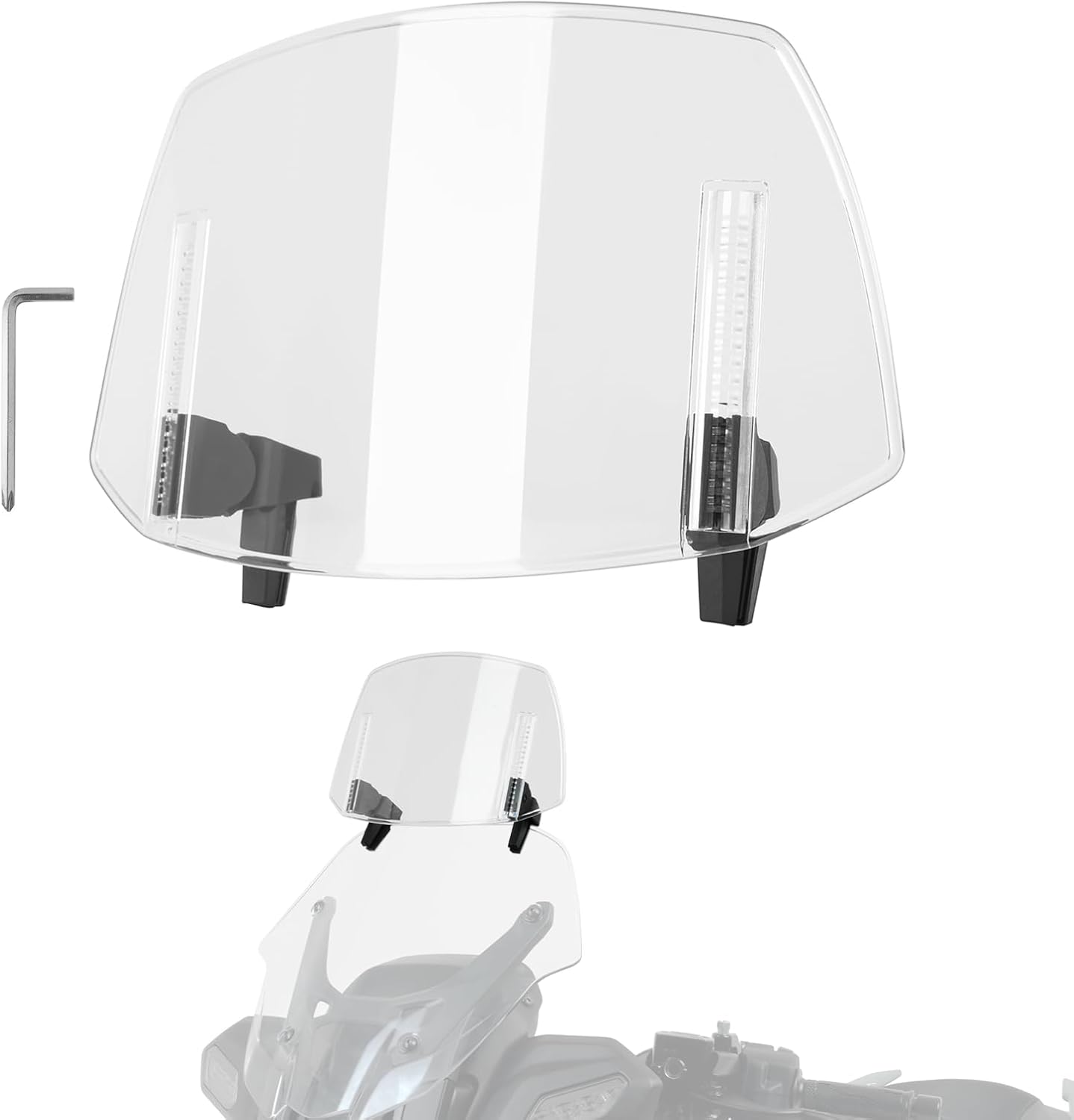 295*175mm Motorcycle Windshield, PC Plastic Front Fairing Windscreen No-Drill Mount, Heightened Design Wind Screen Windshield Spoiler Air Deflector Fits Cruiser/Touring/Retro/Scooter (Grey)
