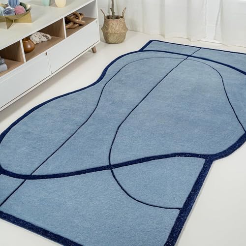 Image of Sifa Carpet Hand Made Natural Woolan Tufted Carpets Irregular Shaped Handmade Area Rugs, for Your Room Blue Color Size 5x8 feet (150x240cm)