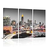 OuElegent City Night Canvas Wall Art Atlanta Skyline Landscape Pictures Prints Artwork for Living Room Bedroom Framed Ready to Hang