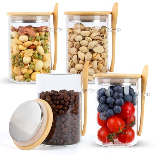 QOEOTUY Vorratsdosen mit Bamboo Deckel Luftdicht: 4 Stuck 500ML Overnight Oats Gläser mit Löffel - Vorratsglas mit Deckel Luftdichte...