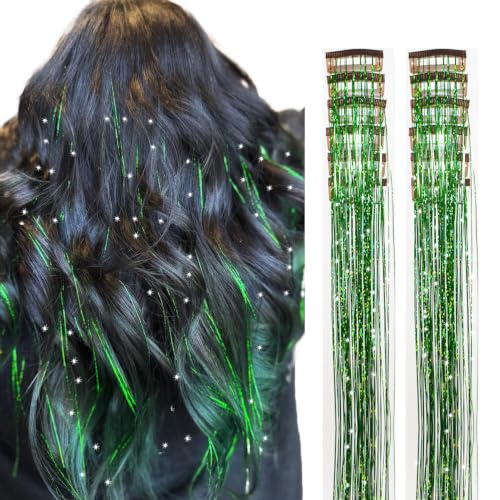 Hersun Hair Tinsel Green 12 Pcs 20in Clip in Fairy Tinsel Hair Extensions
