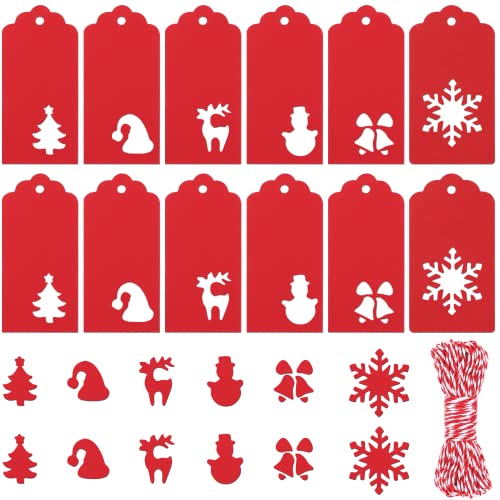 120 etiquetas de presente de Natal de papel kraft com corda, feitas à mão, enfeites para árvore de Natal (vermelho)