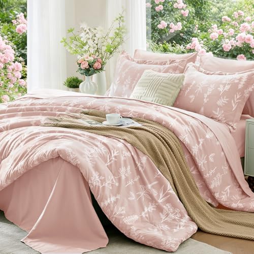 Image of MUXHOMO Cameo Pink Full Comforter Set, Elegant Floral Print Bed in a Bag 7 Pieces, Ultra Soft & Breathable Reversible Botanical Pattern Bedding Set with Comforter, Sheets, Pillowcases, and Shams