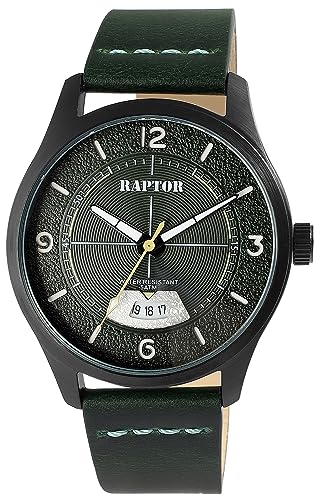 Raptor Falkor Herren-Uhr Leder Armband Datum Dornschließe 5 Bar Analog Quarz RA20376 (grün)