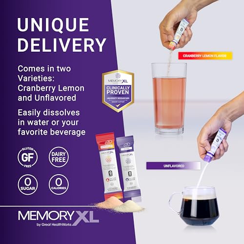 MemoryXL, Magnesium L-Threonate: Brain Supplement for Memory & Focus; Magtein®, Phosphatidylserine, Vitamin Mix. Improves Memory Focus Attention Learning & Logic. 0 Sugar, 0 cal, 30pk Cranberry Lemon - Image 6