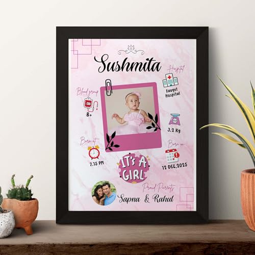Image of ASHVAH Customized Collage New Born Baby Photo Frame with Photo Upload for Girl with Parents and Birth Details - A3 Size, 13x19 Inch
