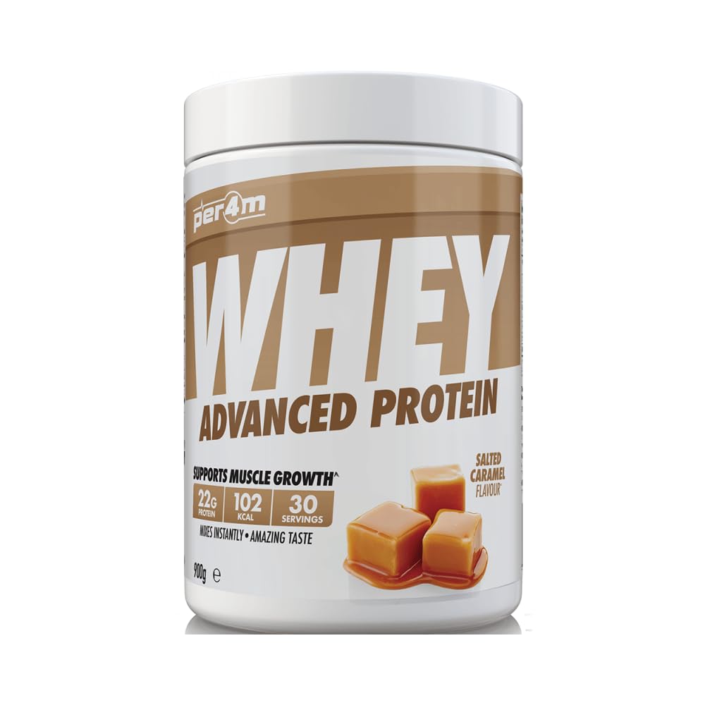 Per4m Whey Protein, Proteine con BCAA e Leucina, Sostiene Massa Muscolare e Recupero Post Workout, Ottima Solubilità, Integratore per Tutti i Livelli Sportivi Avanzati – Salted Caramel – 900g