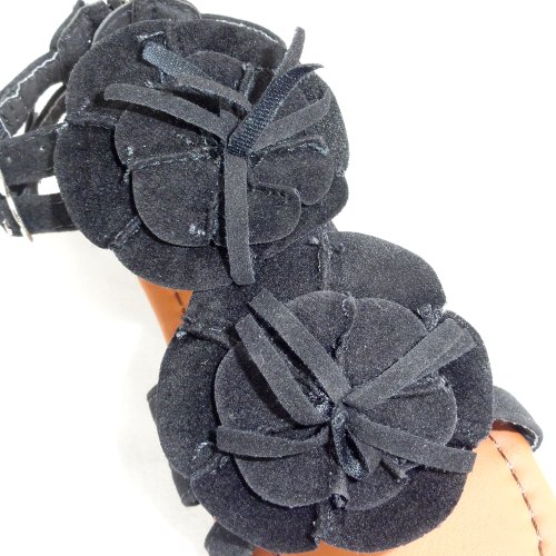 Girl's T-Strap Flower Rosette Gladiator Flat Sandals Black, 9-44