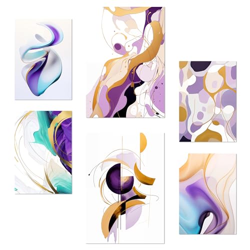 Nacnic Set of 6 Gold Purple Lilac Abstract Posters with design illustration to decorate the walls of home. Rooms, office