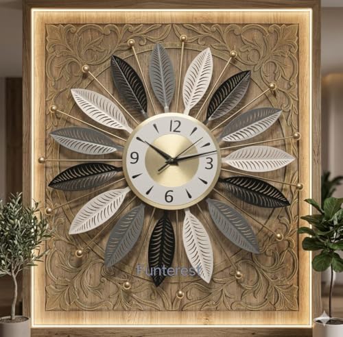 Image of FUNTEREST Luxury Metal Wall Clock for Living Room | Decorative Sunburst Leaf Design Wall Clock | Silent Quartz Movement | Modern Home & Office Decor (55X55 Cm) (Gold, Grey & Brown)