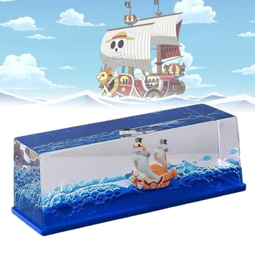 Unsinkable Thousand Sunny Pirate Ship in A Bottle - Floating Boat Liquid Motion Ocean Desk Decor Unique Birthday Gifts for Men Women Anime Lovers Desk Ornament for Home Office Decorations (Blue-c)