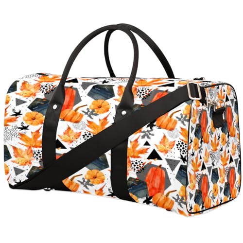 Autumn Pumpkin Leaves Travel Duffel Bag, Halloween Geometric Sports Tote Gym Bag, Foldable Weekender Overnight Bag, Luggage Handle Bag for Women Men