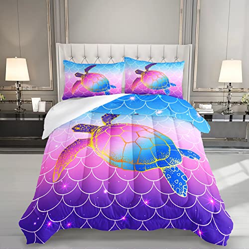 HOSIMA Mermaid Fish Scales Bedding Sets,Sea Turtle Comforter Rainbow Bedding Glitter Star Themed Comforter Set Queen Size for Girls Kids Room Decor,Bed Set for Girls with 2 Pillowcases.