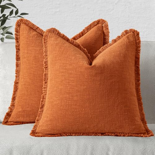 Image of MIULEE Boho Linen Fringe Decorative Euro Throw Pillow Covers Orange 22x22