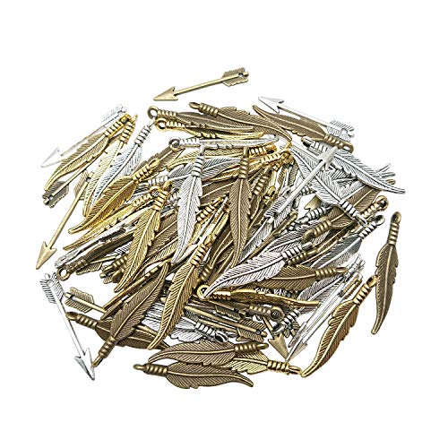 MANSHU 60pcs Mixed Mini Feather Charms Pendants31x6mm, 40 Pcs Silver & Bronze Tone Tibetan Arrow Charm Pendants 29x5mm,Jewellery Charms Making Supplies for Necklace Bracelet DIY Steampunk