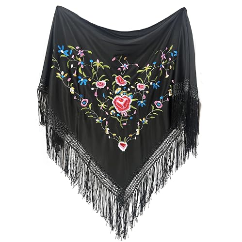 MUNDDY - Manton Bordado en Flores Para Adulto. Mantones Flamenco Sevillana.Mantón para fiesta de Color Rojo Negro Rosa Blanco Amarillo Azul. Envio desde madrid (Negro-Multicolor)