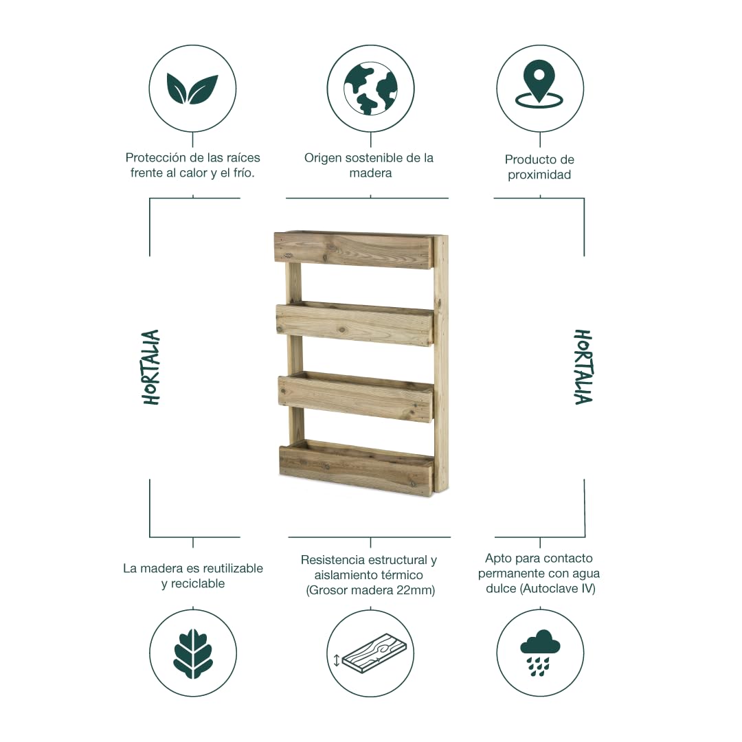Hortalia Huerto Urbano - Jardín Vertical de Madera - Protección Autoclave Nivel IV - Stand Line (4 Bandejas, Pared)