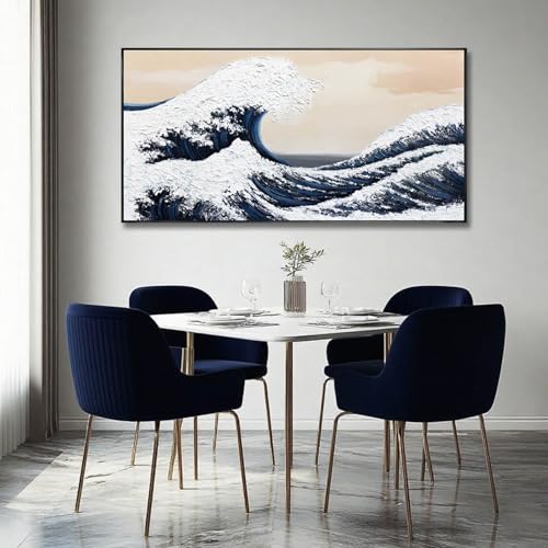Image of VAYIMDH Blue Waves White Textured Wall Art Large Ocean Beach Wall Decor Pictures Vintage Poster Abstract Giant Waves Canvas Prints for Minimalist Living Room 24 inchx48 inch