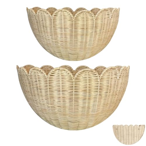 Image of Huease Scalloped Wall Basket,Hand Woven Hanging Wicker Wall Baskets Set, 16 x 10 x 7 & 14 x 8 x 6 Inch Scalloped Rattan Wall Basket Decor for Home,Bathroom,Living Room Organizing