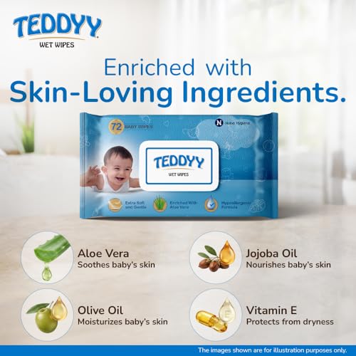 Image of Teddyy Soft Cleansing Baby Wet Wipes with Lid | 216 Wipes | Special Germ Protection | Anti - Rash | Enriched With Aloe Vera and Vitamin E | 72 Wipes x 3 Packs