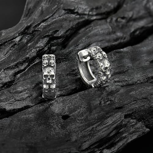 Vintage Skull Hoop Huggie Earrings for Men, Stainless Steel Punk Skeleton Biker Earrings4