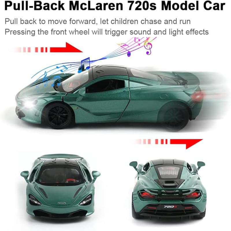 Image of Kids Model 1:32 Mc-Laren 720s Die Cast Metal Car Pull Back Action Opening Doors with Realistic Engine Sound Lights Toy Car Gift for Boys - Multi