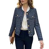 AUKLETBLIEF Damen Tweed Blazer Jacke, Langarm, Business Casual, Eleganter Kurzblazer mit Knopfleiste (DE/NL/SE/PL, Alphanumerisch, XL, Regular, Regular, Navy Blau)