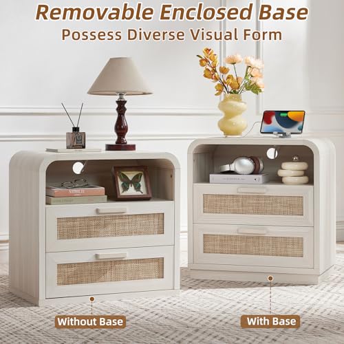 Image of LEYAOYAO Rattan Night Stand with Charging Station, Grey White | 23.6 inch Curved 2 Drawers Nightstand with Storage Shelf & Solid Handle, Boho Bedside Tables for Bedroom, Living Room