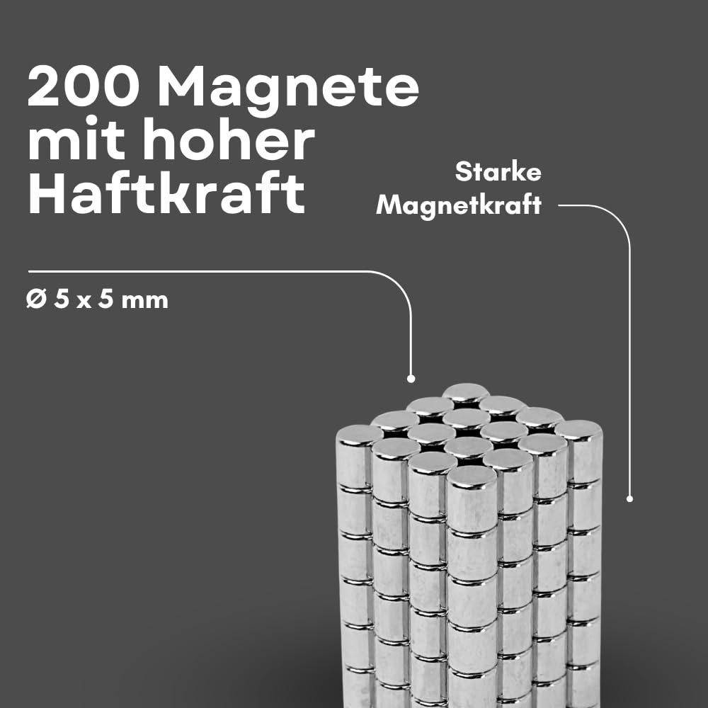 Strong Magnets Neodym Magnet - Rund 5 x 5 mm - 200 Stück - Extra stark, hält bis 800g - Für Magnettafel, Kühlschrank, Whiteboard, Pinnwand, Büro