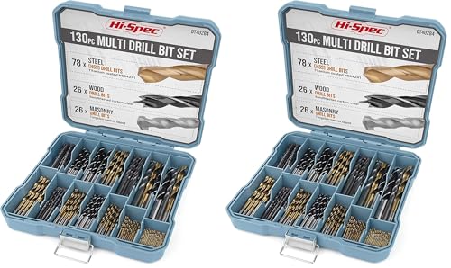 Hi-Spec 130pc Mixed Multi Drill Bit Set. 1 to 10mm HSS Titanium Coated, Masonry & Brad Point Steel Bits for Metal, Woods, Plastics, Brick and Concrete. Complete in a Box Case (Pack of 2) option