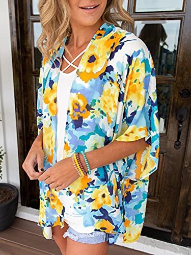 Image of Chunoy Women Summer Chiffon Floral Kimono Cardigan Cape Short Sleeve Casual Lightweight Beach Wear Cover Up Yellow Small