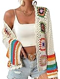 Gihuo Women Bohemian Floral Crochet Cardigan, Hollow Out Long Sleeve Open Front Sweater Cardigan, Multicolor Granny Square (Apricot-M)