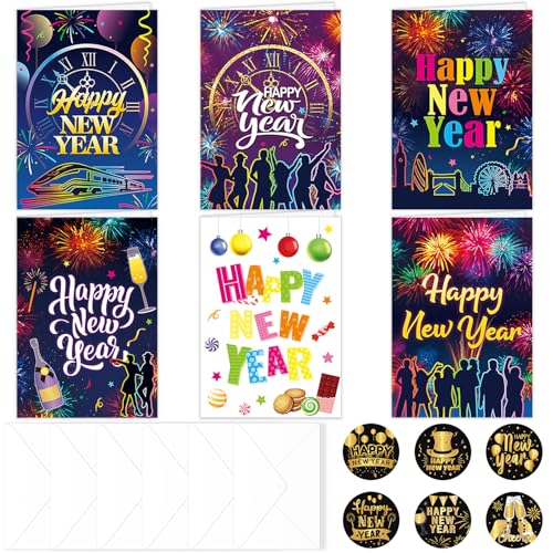 Happy New Year Cards 2026 Colorful, 6 Set New Years Greeting Cards with Envelopes Stickers