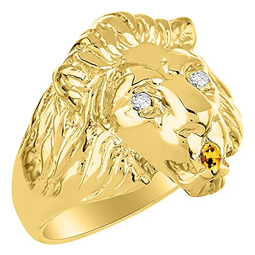 Image of Rylos Lion Head Ring Color Stones Eyes & Diamond Mouth - Fun Designer Rings in Sizes 8-13 in Yellow Gold Plated Silver