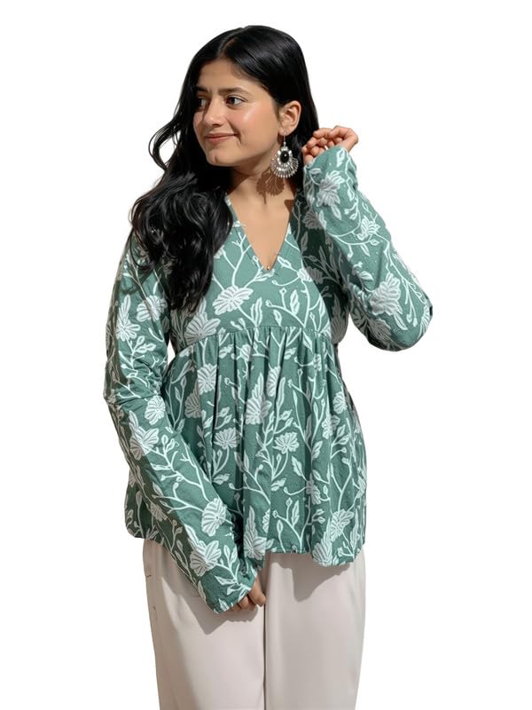 Image of Dream Beauty Fashion Women's Printed Tunic Top /Short Kurti with Long Sleeve V-Neck -23 inch Inches (Tunic-Top)