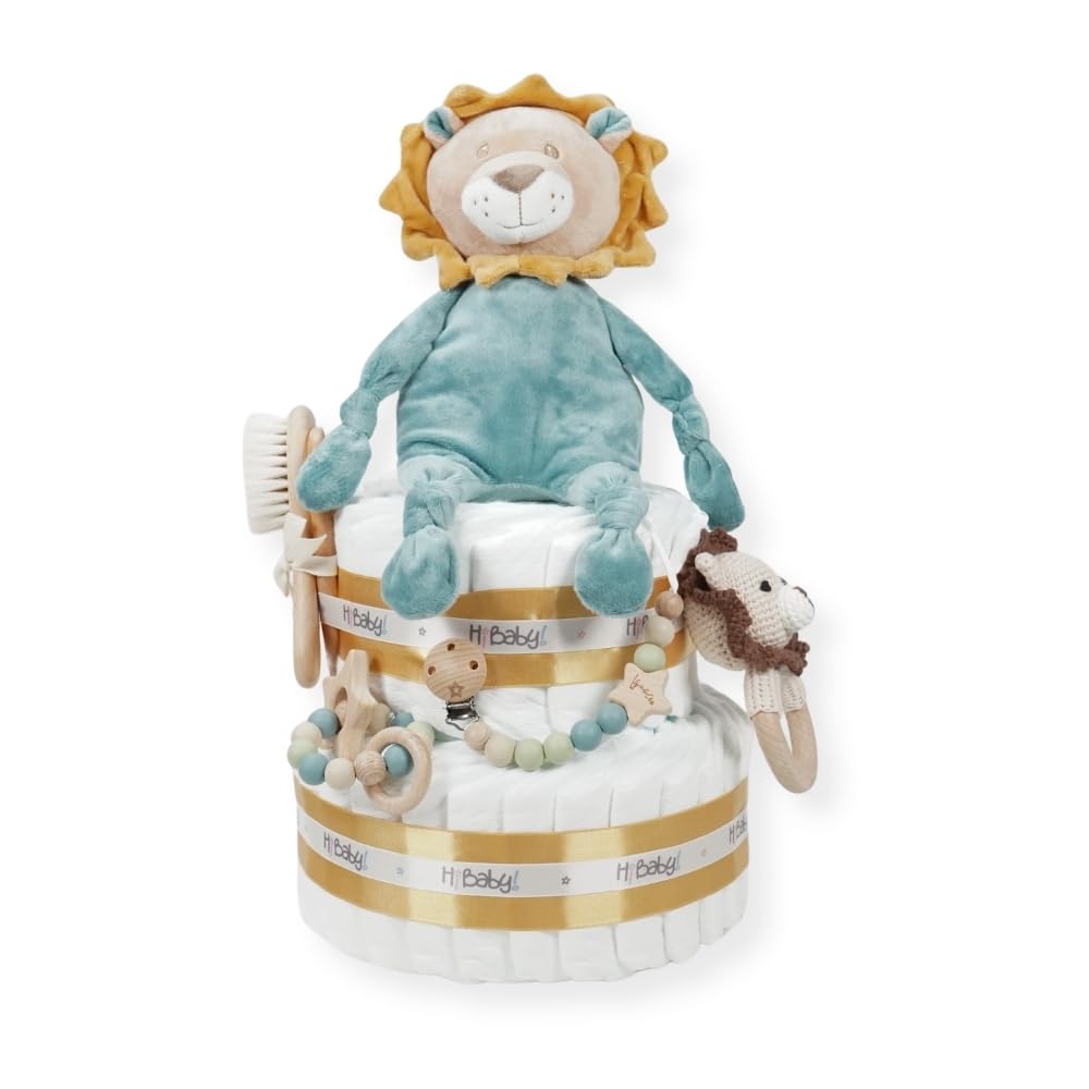 Tarta de pañales personalizada para bebé Baby Lion, Regalo Original para Baby Shower, Recién Nacido, Bautizo, Pañales D. Sensitive, Pastel de pañales