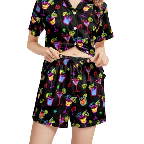 Image of Silk Satin Pajama Set for Women Summer Lounge Pjs Sets 2 Piece Suit Ladies Button Down Tops And Shorts Sleepwear