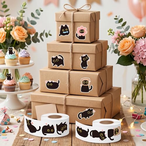 Image of Black Cat Sticker Roll - 1000 Pcs Cute Black Cat Flower Waterproof Vinyl Reusable Laptop Stickers Coloring Book Scrapbook Water Bottle Page Activity Pad Birthday Party Favors Kids Skateboard