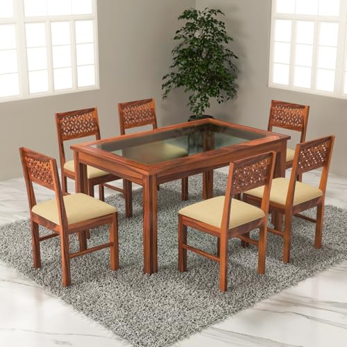 Image of Solid Sheesham Wood Dining Glass Top Table Set of 6| Wooden 6 Seater Dining Table with 6 Chairs with Cushion|Wood Dining Table & Chairs for Home, Restaurant, Dining Room |Honey Finish