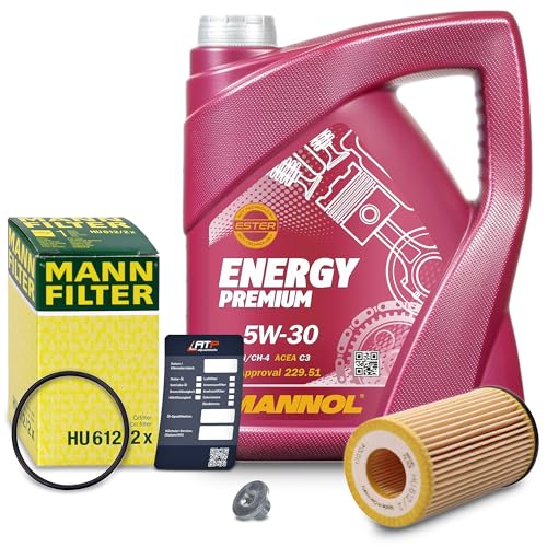 BESTPRICE Inspektionspaket Filterset mit 1x MANN-FILTER Ölfilter 5l Motoröl 5W-30 MANNOL ENERGY PREMIUM 1x Ölwechsel-Anhänger 1x Ölablassschraube mit Dichtring