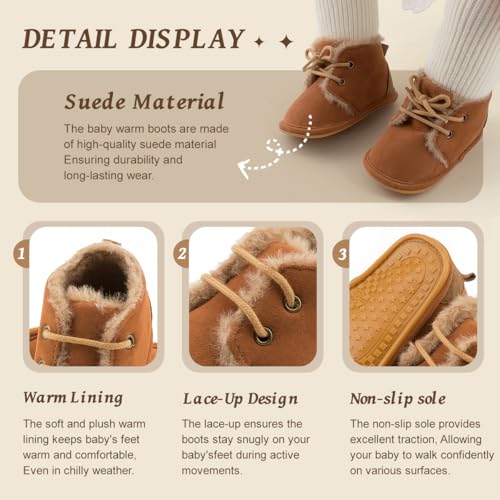 Baby Unisex Warm Snow Boots Newborn Leather Fur Lace Up Ankle Anti-Slip Rubber Texture Sole Toddler Prewalker Winter Crib Shoes3
