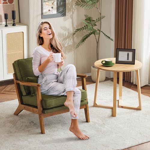 Image of Karl home Mid-Century Lounge Accent Chair, Green | Wide Curved Armrest, Linen Fabric, Lumbar Pillow Included, Solid Wood Frame, For Living Room, Bedroom, Balcony, Apartment