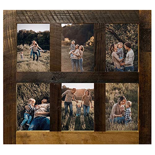 Image of Rustic Wooden Collage Picture Frame, Wood Multi Photo Holder for Wall, Horizontal and Vertical Display, Reclaimed Barnwood, 6 Openings each 5x7