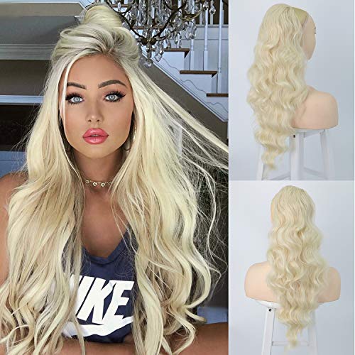 Blonde Ponytail Hair Extensions Clip in Human Hair Long Wavy Curly Drawstring Synthetic Hair Extensions Hairpieces Accessories for Women 24 Inch (Blonde) 040-613#