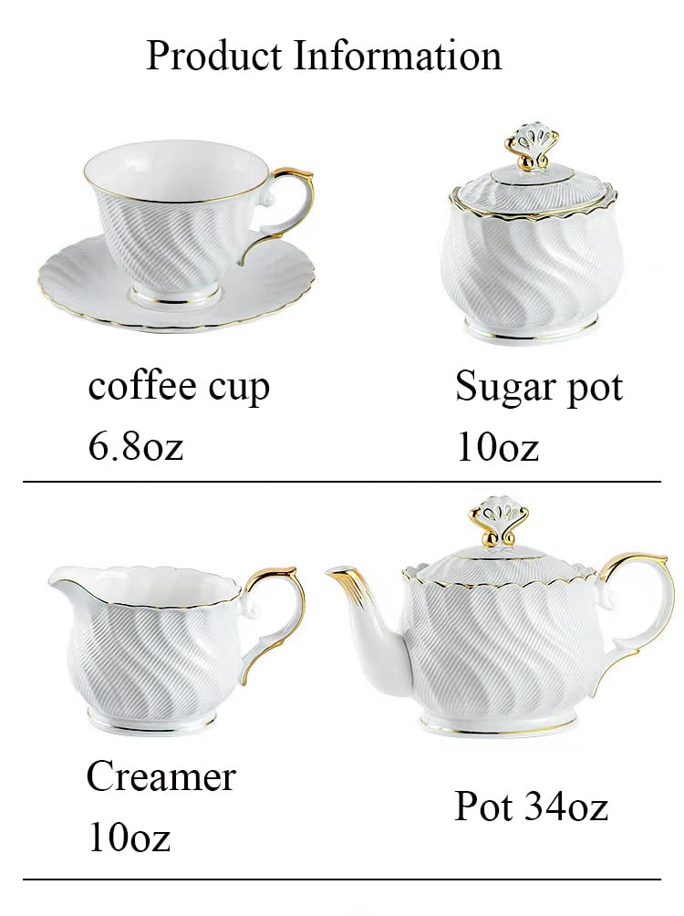 Juego de taza de té y café de 192.8 g, 21 piezas, taza de té en relieve esmaltada de colores blancos con platillo a juego, porcelana fina de hueso, servicio para 6 pulgadas