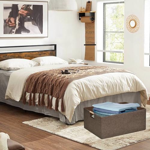 Image of Collapsible Storage Box 16.9 inchx12.5 inchx7 inch with Wooden Handles | Foldable Organizer for Closet, Shelves, Toys & Cosmetics | Durable Linen-Polyester Fabric | Space-Saving Home Organization 2Pack