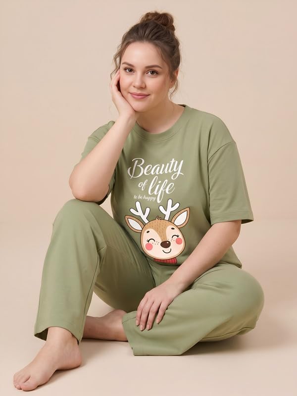 Image of My Swag Womens Cotton Printed Nightsuit Set |T-Shirt & Pajama Pants | Soft Breathable Sleepwear and Loungewear for Women