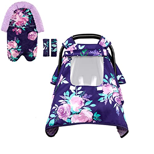 Image of TANOFAR Purple Baby Carseat Cover & Head Support and Strap Covers for Girls, Infant Carseat Insert, Flower
